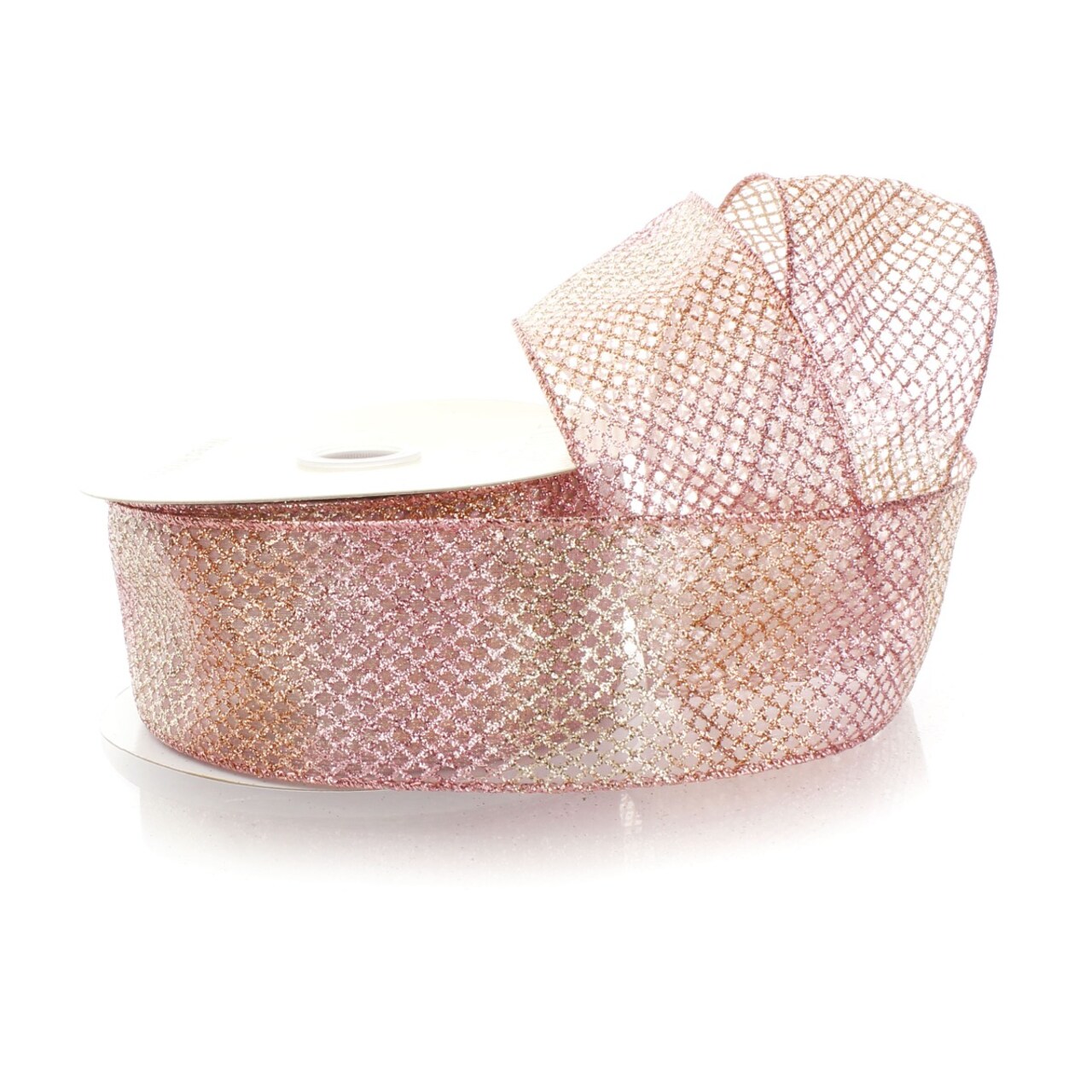 2 1/2" Wired Ribbon Sheer Ombre Glitter Diamond Mesh - Rose Gold - 25 Yards